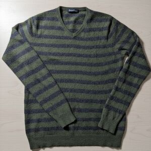 Marc Anthony 100% Cashmere Striped V-Neck Sweater - Olive & Charcoal - Medium